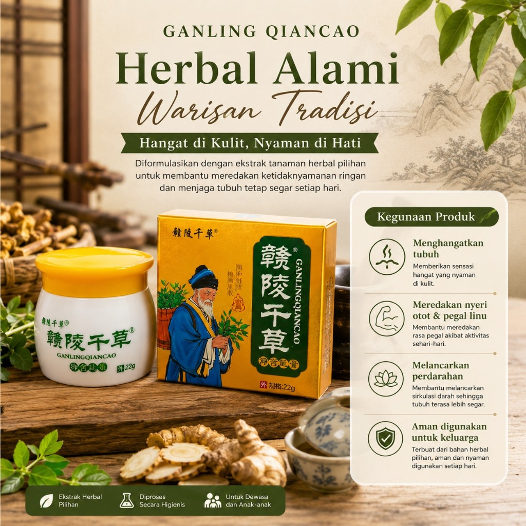 GAN LING QIAN CAO SALEP CREAM HERBAL - MEMBANTU MENGOBATI MASALAH KULIT GATAL- GATAL, JAMUR, ALERGI BIANG KERINGAT - Gambar 3